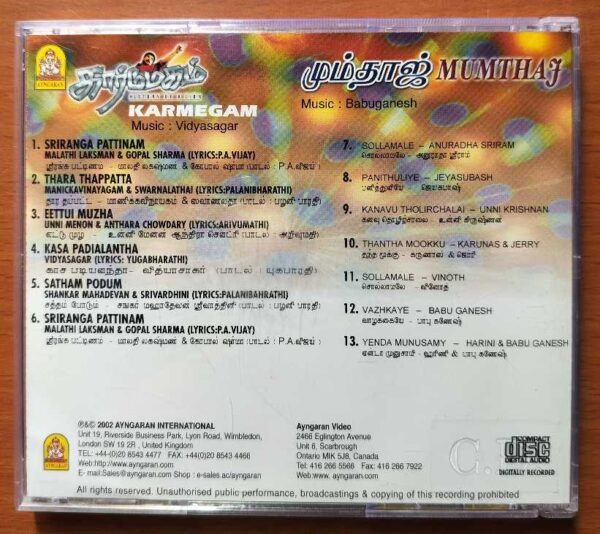 KARMEGAM / MUMTHAJ - Imported Vidyasagar & Babu Ganesh Tamil Audio Cd - Image 3