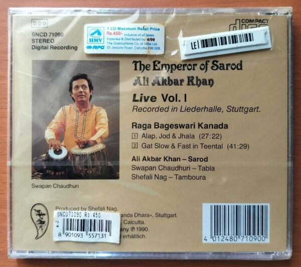 THE EMPEROR OF SAROD LIVE - Ali Akbar Khan Imported Classical Audio Cd (FACTORY SEALED PACK) - Image 2
