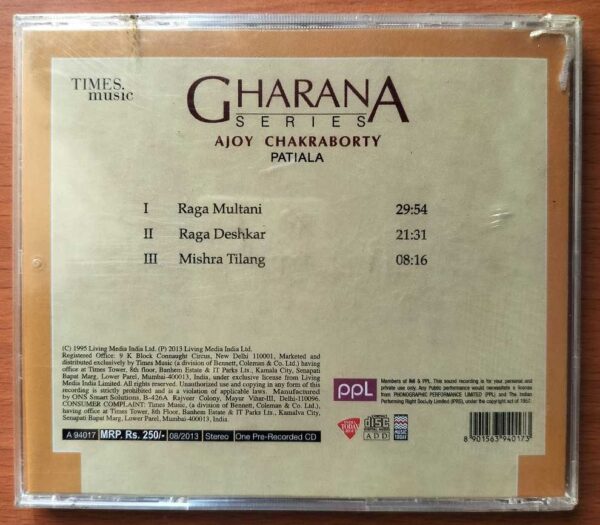 GHARANA SERIES - Ajoy Chakraborty Patiala Hindustani Audio Cd (FACTORY SEALED PACK) - Image 2