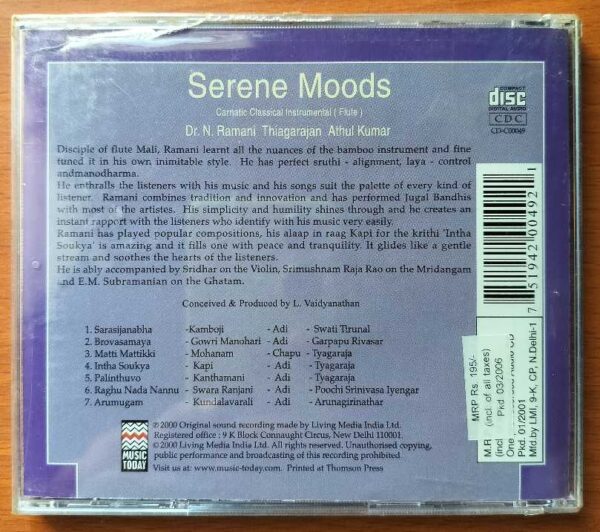 SERENE MOODS - DR. N. Ramani & Thiagarajan & Adhul Kumar Carnatic Classical Instrmental Audio Cd (FACTORY SEALED PACK) - Image 2