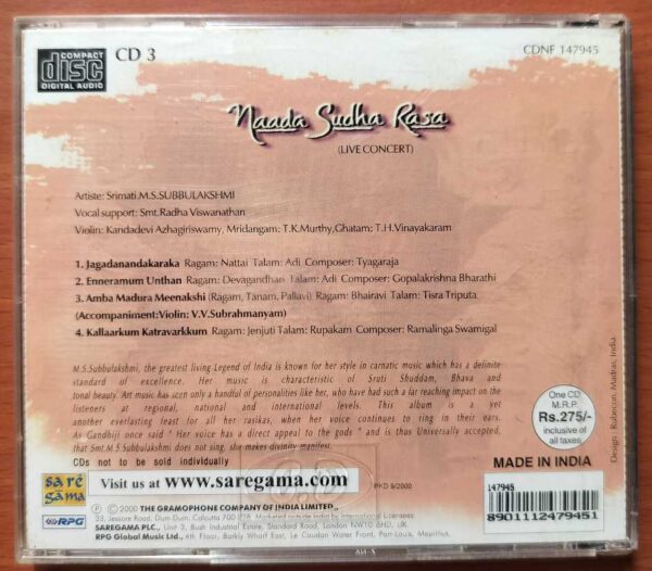 NAADA SUDHA RASA VOL. 3  - M.S. Subbulakshmi Carnatic Vocal Audio Cd - Image 3