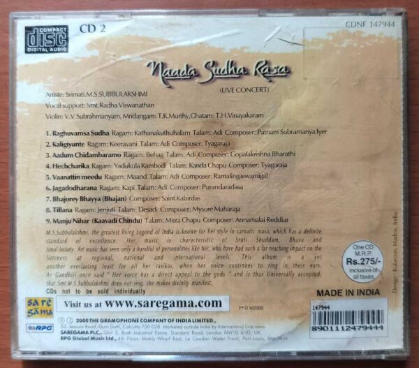 NAADA SUDHA RASA VOL. 2  - M.S. Subbulakshmi Carnatic Vocal Audio Cd - Image 3
