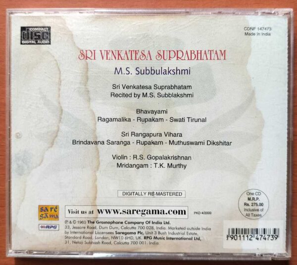 SRI VENKATESA SUUPRABHATHAM - M.S. Subbulakshmi Audio Cd - Image 3