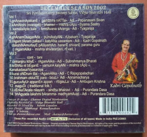 DECEMBER SEASON 2002 KADRI GOPALNATH SAXAPHONE - Indian Instrumental 3CD Pack Audio Cd (FACTORY SEALED PACK) - Image 2