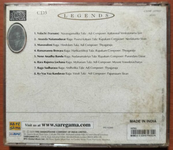 LEGENDS - M.L. Vasanthakumari Carnatic Classical Audio Cd - Image 3