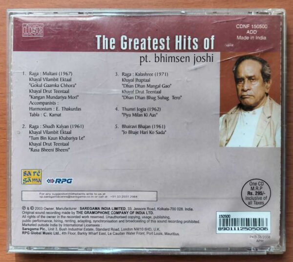 THE GREATEST HITS OF PT. BHIMSEN JOSHI - Hindustani Vocal Audio Cd - Image 3