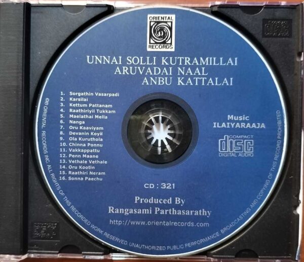 UNNAI SOLLI KUTRAMILLAI / ARUVADAI NAAL / ANBU KATTALAI - Ilaiyaraaja Oriental Tamil Audio Cd - Image 2