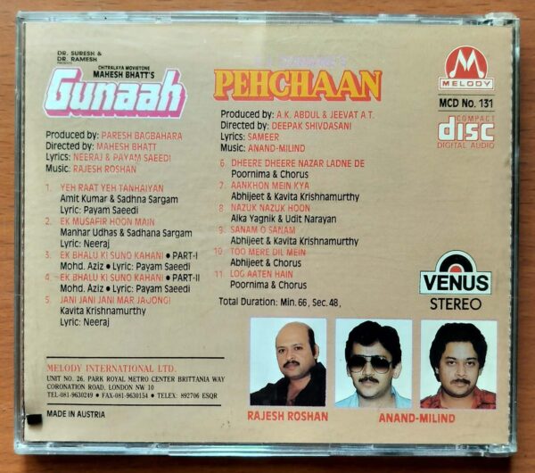 GUNAAH / PEHCHAAN - Imported Rajesh Roshan & Anand- Milind Hindi Audio Cd - Image 3