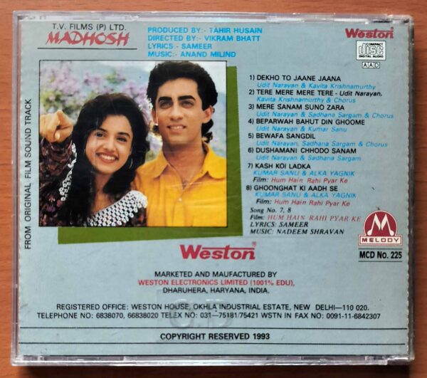 MADHOSH - Imported Anand Milind Venus Melody Hindi Audio Cd - Image 3