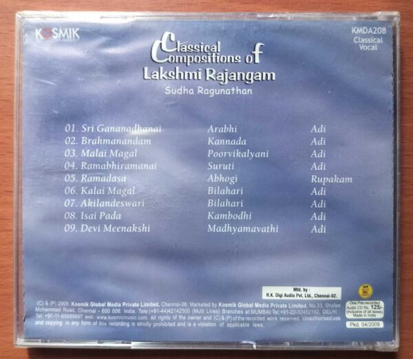 CLASSICAL COMPOSITIONS OF LAKSHMI RAJANGAM - Sudha Ragunathan Classical Audio Cd (FACTORY SEALED PACK) - Image 2
