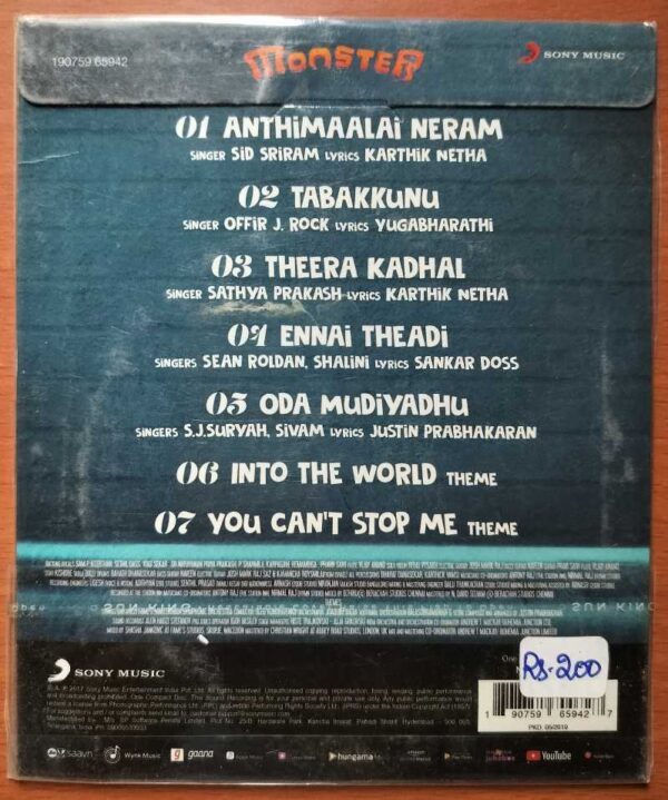 MONSTER - Justin Prabhakaran Tamil Audio Cd (FACTORY SEALED PACK) - Image 2
