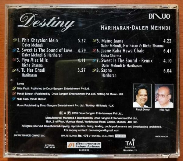 DESTINY - Harharan Daler Mehndi Pandit Dinesh Music Hindi Audio Cd - Image 3