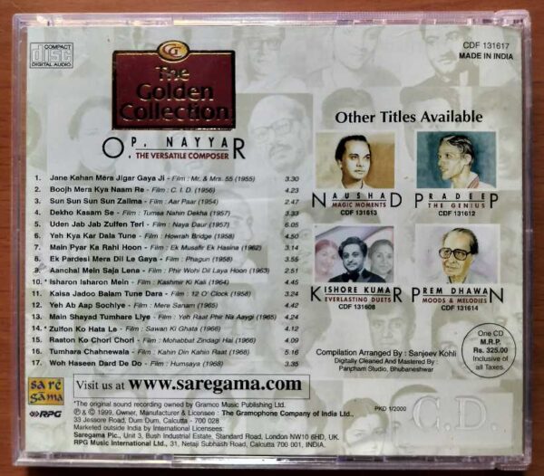 THE GOLDEN COLLECTION P NAYYAR - The Versatile Composer Melodies Hindi Audio Cd - Image 3