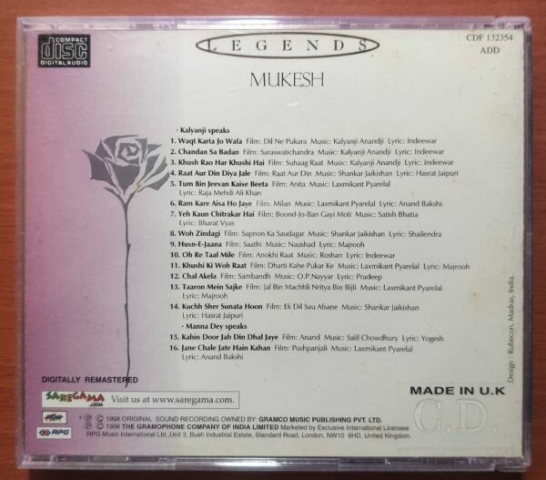 LEGENDS MUKESH CD 4 - Imported Hindi Audio Cd - Image 3