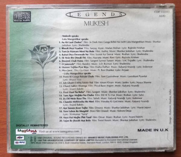 LEGENDS MUKESH CD 3 - Imported Hindi Audio Cd - Image 3