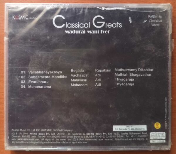 CLASSICAL GREATS - Madurai Mani Iyer Classical Vocal Audio Cd (FACTROY SEALED PACK) - Image 2