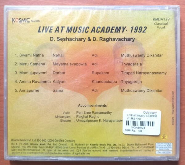 LIVE AT MUSIC ACADEMY -1992 - DR. Seshachary & D. Raghavachary Classical Audio CD (FACTORY SEALED PACK) - Image 2