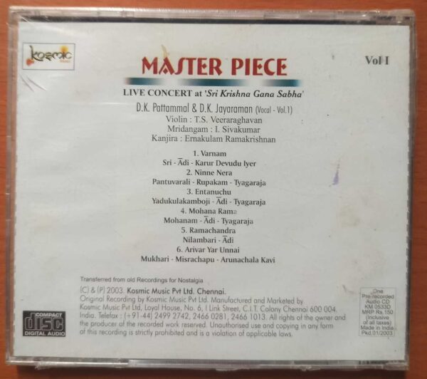 MASTER PIECE LIVE CONCERT AT SRI KRISHNA GANA SABHA VOL. 1 - T.K. Pattammal & D.K. Jayaraman Classical Audio Cd (FACTORY SEALED PACK) - Image 2