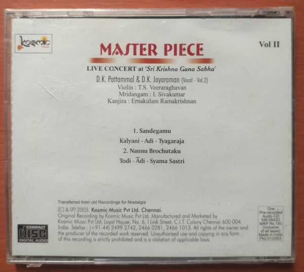 MASTER PIECE LIVE CONCERT AT SRI KRISHNA GANA SABHA VOL. 2 - T.K. Pattammal & D.K. Jayaraman Classical Audio Cd (FACTORY SEALED PACK) - Image 2