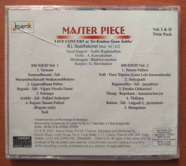 MASTER PIECE LIVE CONCERT AT SRI KRISHNA GANA SABHA VOL. 1 & 2 - M.L. Vasanthakumari Classical 2CD Pack Audio Cd (FACTORY SEALED PACK) - Image 2