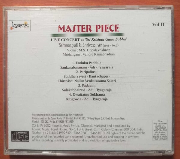 MASTER PIECE LIVE CONCERT AT SRI KRISHNA GANA SABHA VOL. 2 - Seemangudi R. Srinivasa Iyer Classical Vocal Audio Cd (FACTORY SEALED PACK) - Image 2
