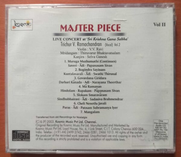 MASTER PIECE LIVE CONCERT AT SRI KRISHNA GANA SABHA VOL. 2 - Trichur V. Ramachandran Classical Vocal Audio Cd (FACTORY SEALED PACK) - Image 2