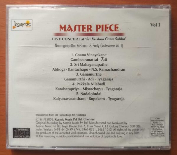 MASTER PIECE LIVE CONCERT AT SRI KRISHNA GANA SABHA VOL. 1 - Namagiripettai Krishnan Classical Vocal Audio Cd (FACTORY SEALED PACK) - Image 2