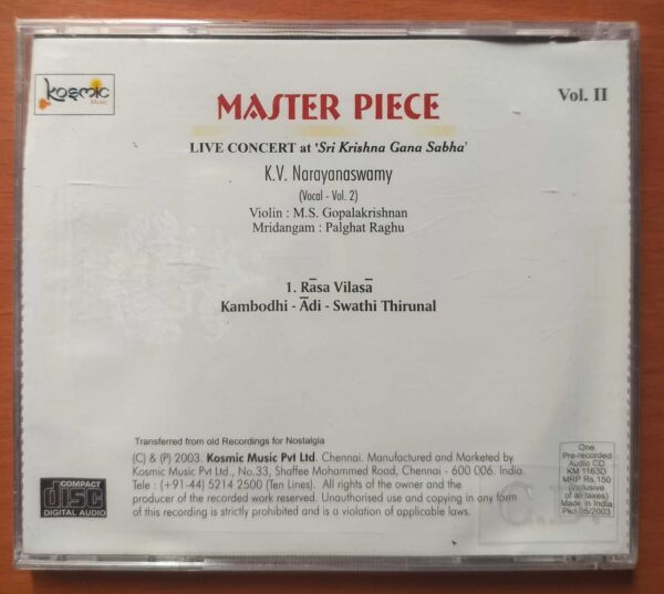 MASTER PIECE LIVE CONCERT VOL. 2 - K.V. Narayanaswamy Classical Vocal Audio Cd (FACTORY SEALED PACK) - Image 2