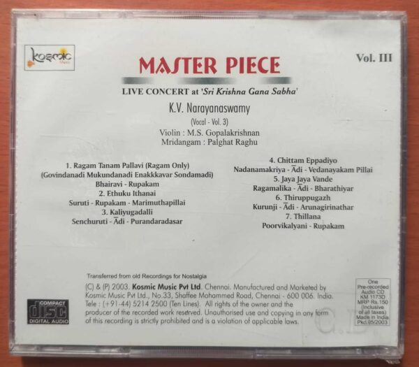 MASTER PIECE LIVE CONCERT VOL. 3 - K.V. Narayanaswamy Classical Vocal Audio Cd (FACTORY SEALED PACK) - Image 2