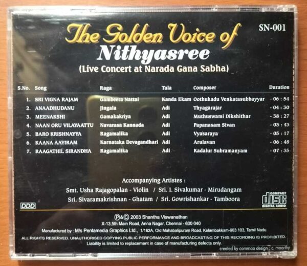 THE GOLDEN VOICE OF NITHYASREE - Live Concert at Narada Gana Sabha Classical Audio Cd - Image 2