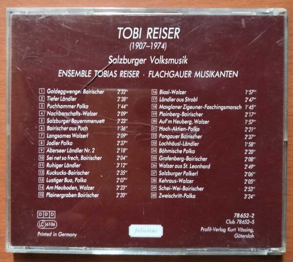 TOBI REISER 1907-1974 SALZBURGER VOLKSMUSIK - Imported Folk Album Audio Cd - Image 2