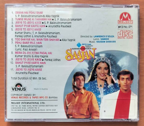 SAAJAN - Nadeem Shravan Imported Venus Melody Hindi Audio CD - Image 3