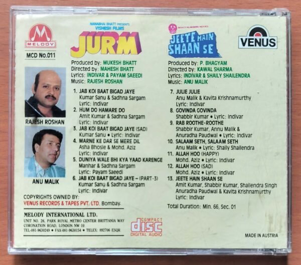 JURM / JEETE HAIN SHAAN SE - Rajesh Roshan & Anu Malik Imported Venus Melody Hindi Audio Cd - Image 3