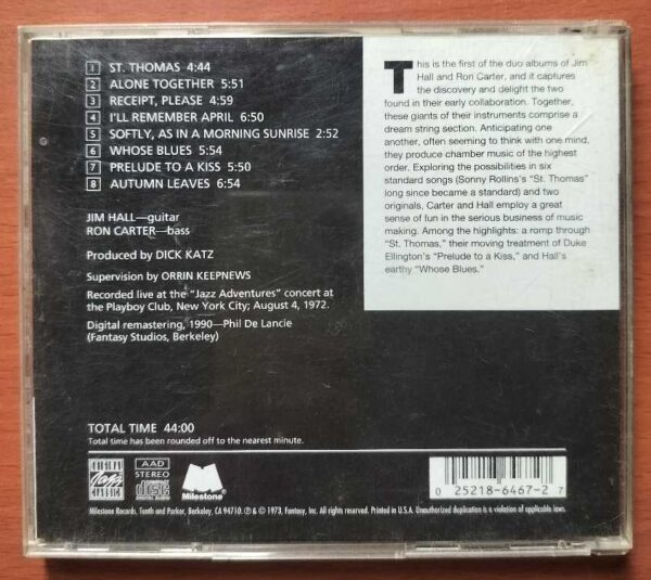 ALONE TOGETHER JIM HALL RON CARTER DUO - Imported Jazz Album Audio Cd - Image 2