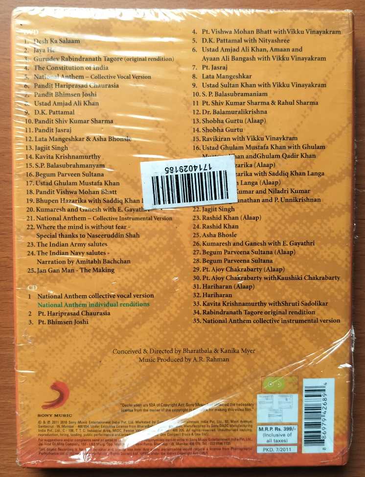 JANA GANA MANA - A.R. Rahman 1CD 1 DVD Pack Audio Cd (FACTORY SEALED PACK) - Image 2