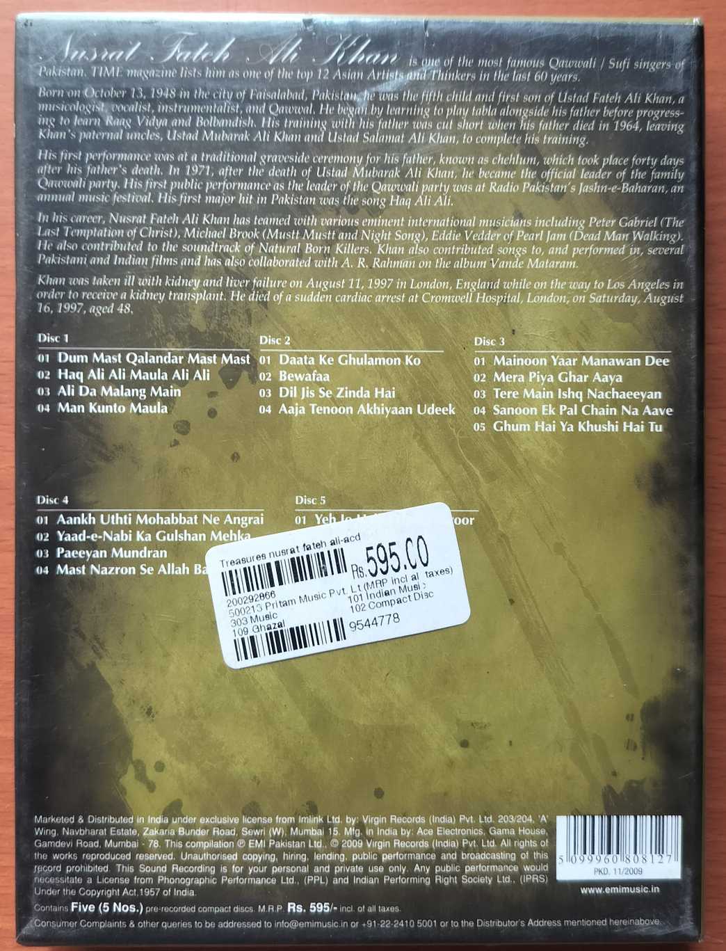 TREASURES A COLLECTION OF CHERISHED SONGS - Nusrat Fateh Ali Khan 5CD Premium Pack Audio Cd (FACTORY SEALED PACK) - Image 2