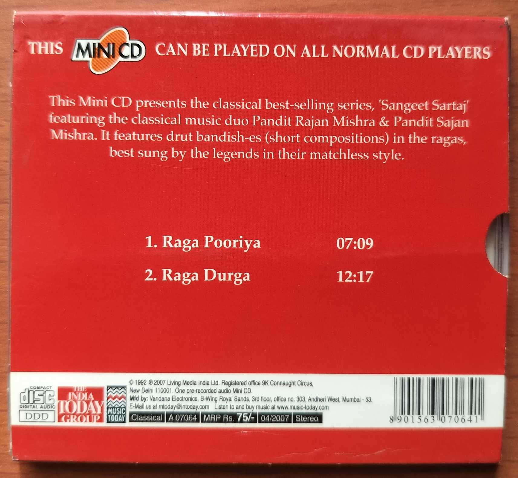 SANGEET SARTAJ - Rajan Mishra & Sajan Mishra Classical MINI DISK Audio Cd - Image 2