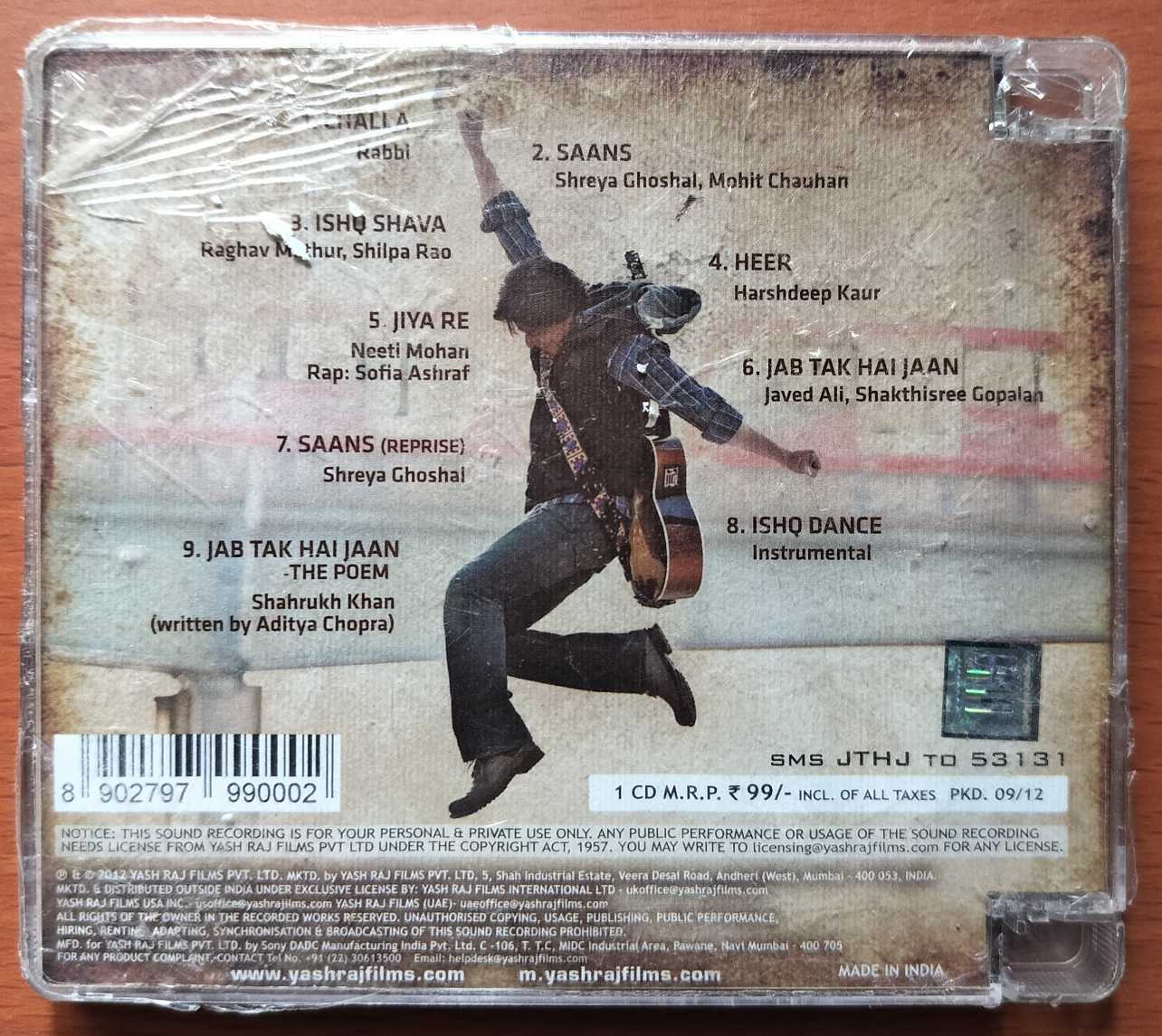 JAB TAK HAI JAAN - A.R. Rahman Hindi Audio Cd (FACTORY SEALED PACK) - Image 2
