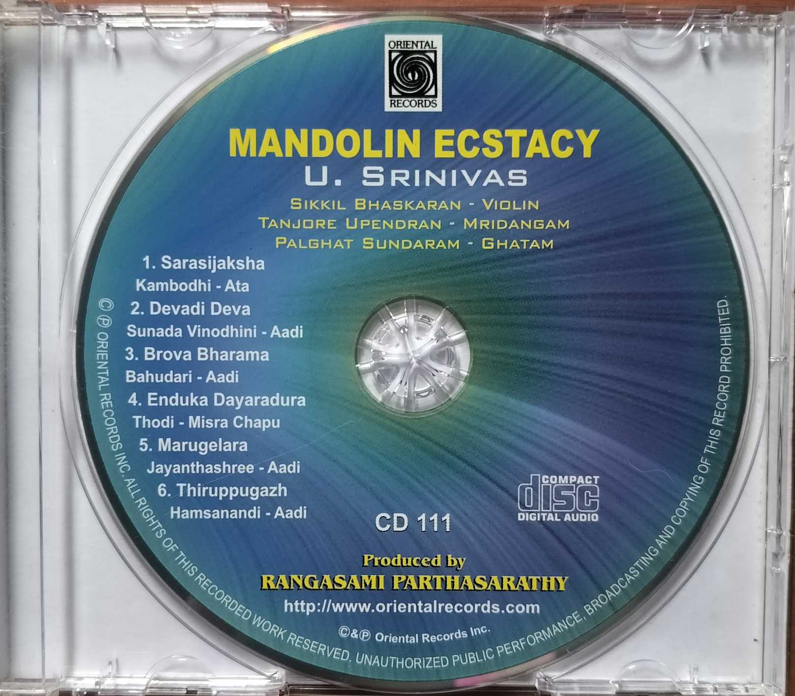MANDOLIN ECSTASY BY U. SRINIVAS - Indian Classical Instrumental Audio Cd - Image 2