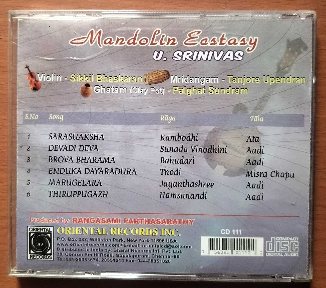 MANDOLIN ECSTASY BY U. SRINIVAS - Indian Classical Instrumental Audio Cd - Image 3