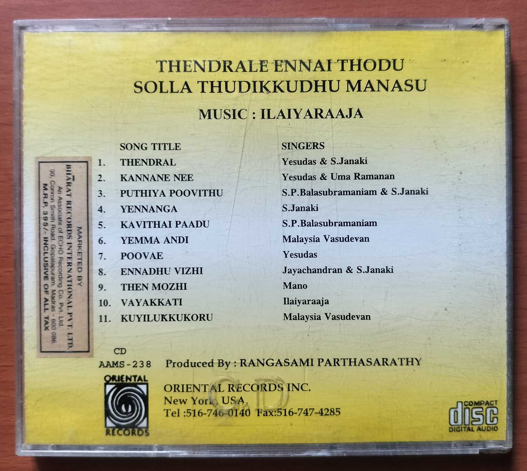THENDRALE ENNAI THODU / SOLLA THUDIKKUDHU MANASU - Imported Ilaiyaraaja Oriental Audio Cd (USA EDITION) - Image 3