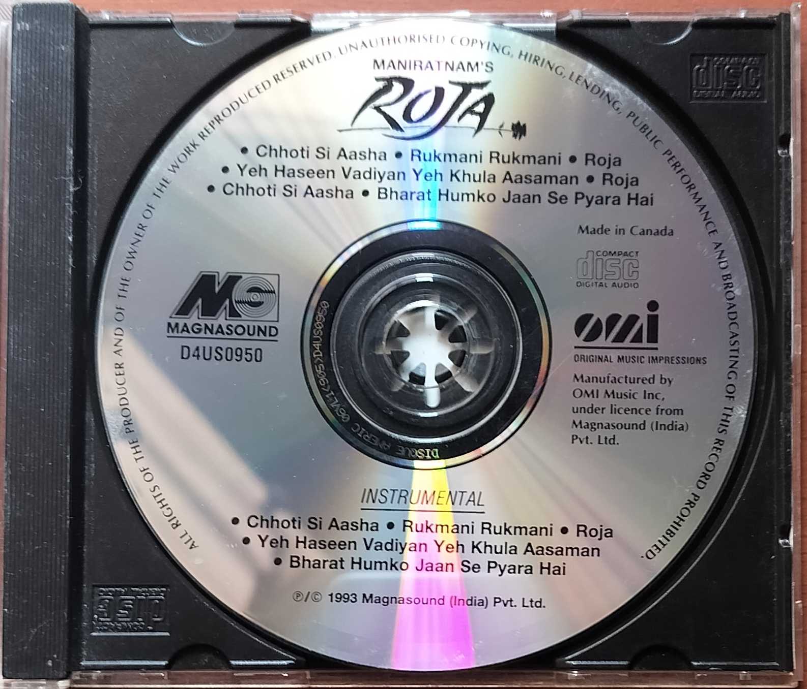 ROJA / ROJA INSTRUMENTAL - Imported A.R. Rahman Hindi Audio Cd (OMI EDITION) - Image 2