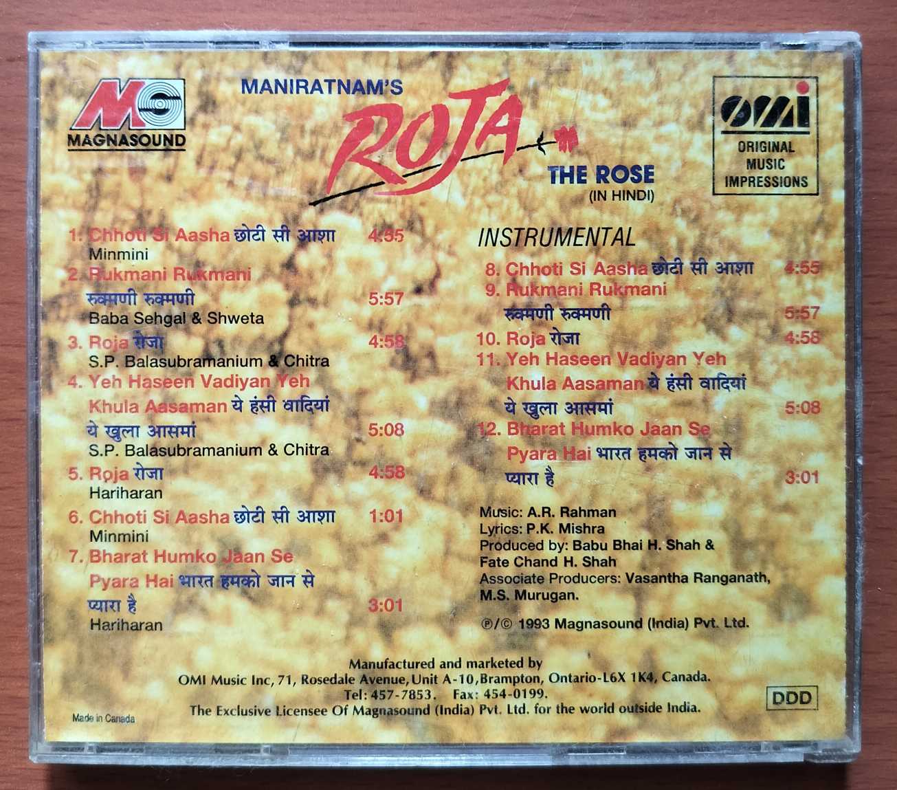 ROJA / ROJA INSTRUMENTAL - Imported A.R. Rahman Hindi Audio Cd (OMI EDITION) - Image 3