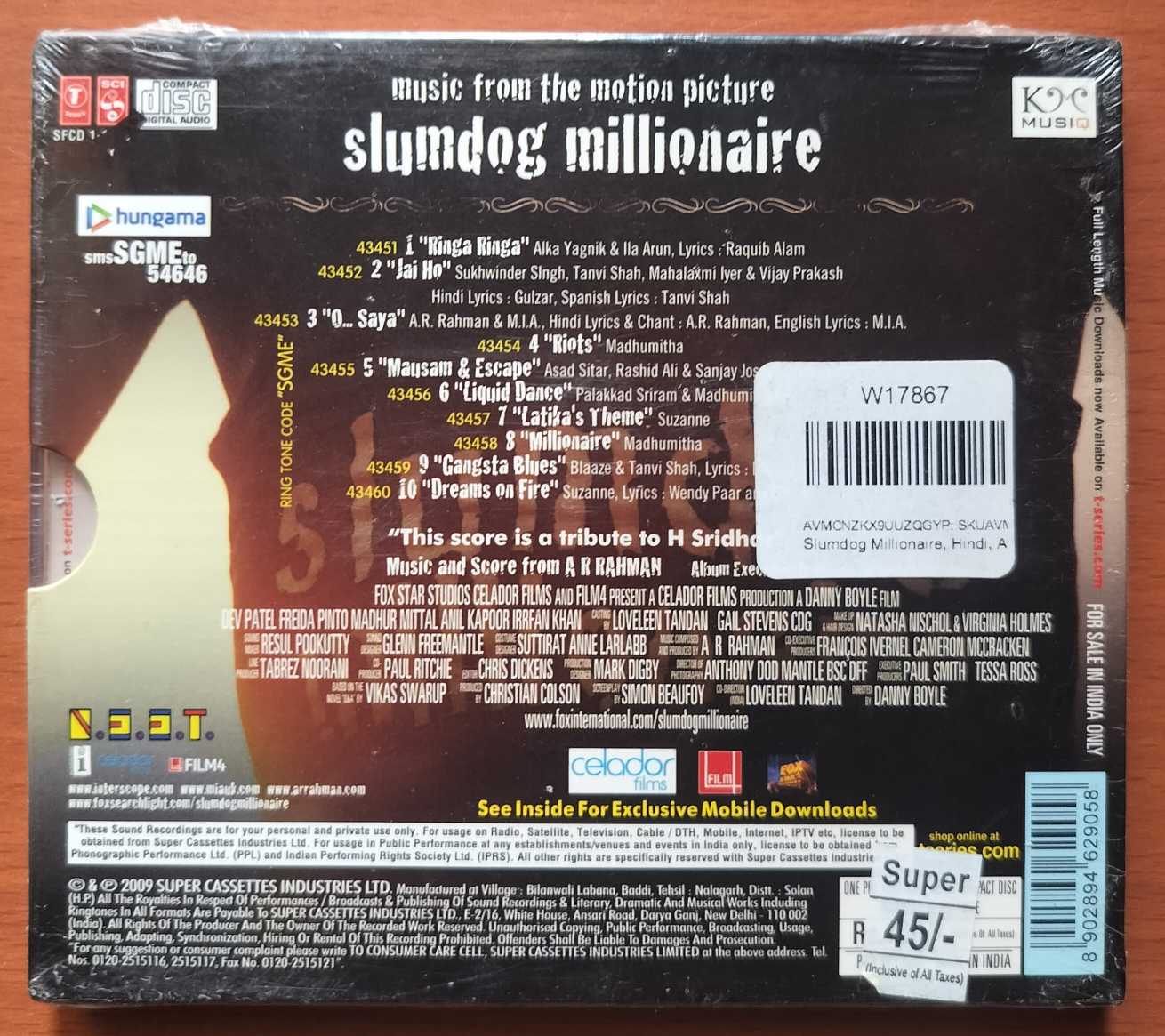 SLUMDOG MILLIONAIRE - A.R. Rahman Hindi With Outer Cover Audio Cd (FACTORY SEALED PACK) - Image 2