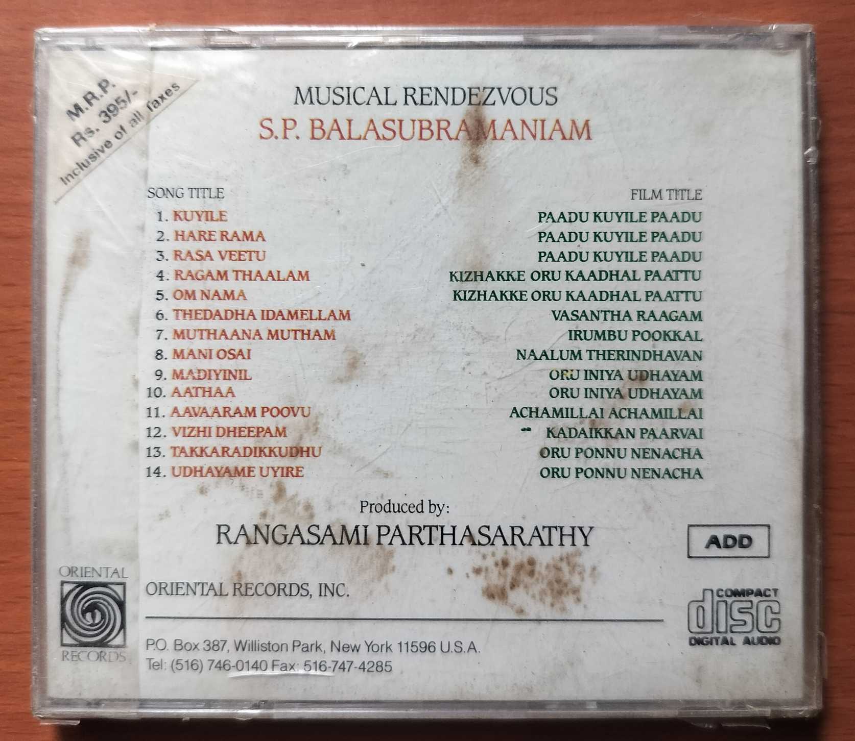 MUSICAL RENDEZVOUS S.P. BALASUBRAMANIAM - Oriental Imported Audio Cd (USA EDITION) (FACTORY SEALED PACK) - Image 2