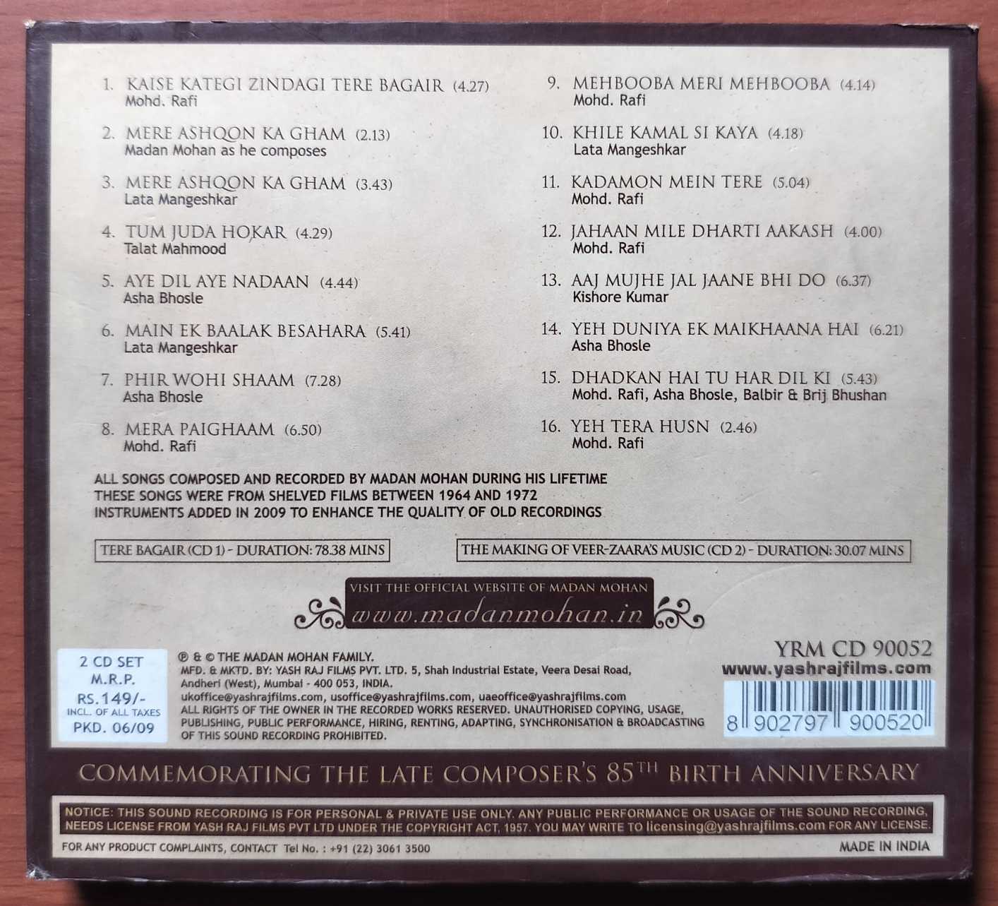 TERE BAGAIR MADAN MOHAN - Hindi Film Collection 2CD Pack Audio Cd - Image 5