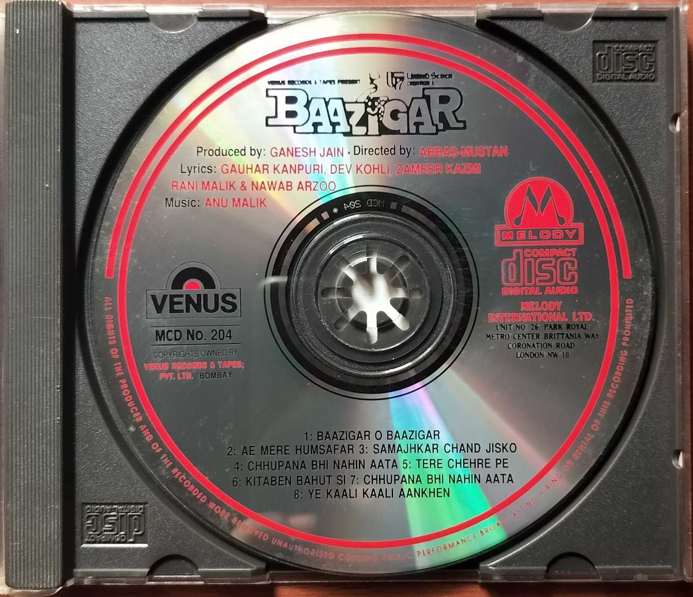BAAZIGAR - Imported Anu Malik Hindi Venus Melody Audio Cd - Image 2