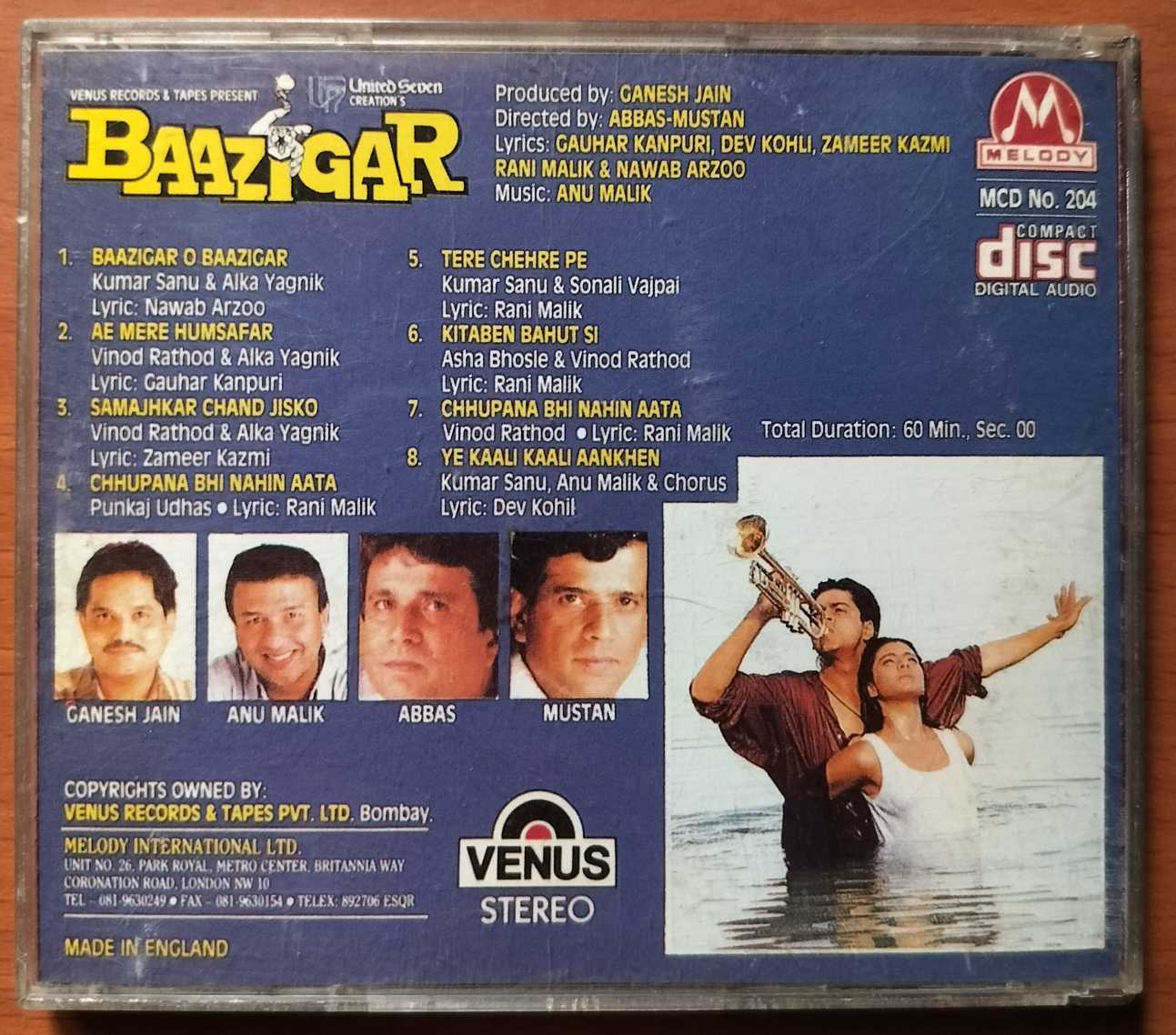 BAAZIGAR - Imported Anu Malik Hindi Venus Melody Audio Cd - Image 3