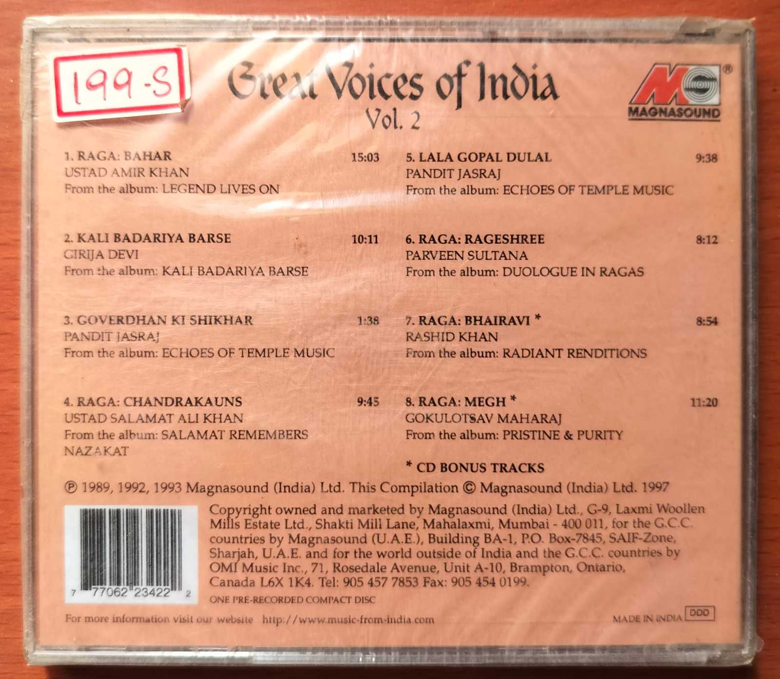 GREAT VOICES OF INDIA VOL . 2 - Ustad Amir Khan & Pandit Jasraj Album Audio Cd (FACTORY SEALED PACK) - Image 2