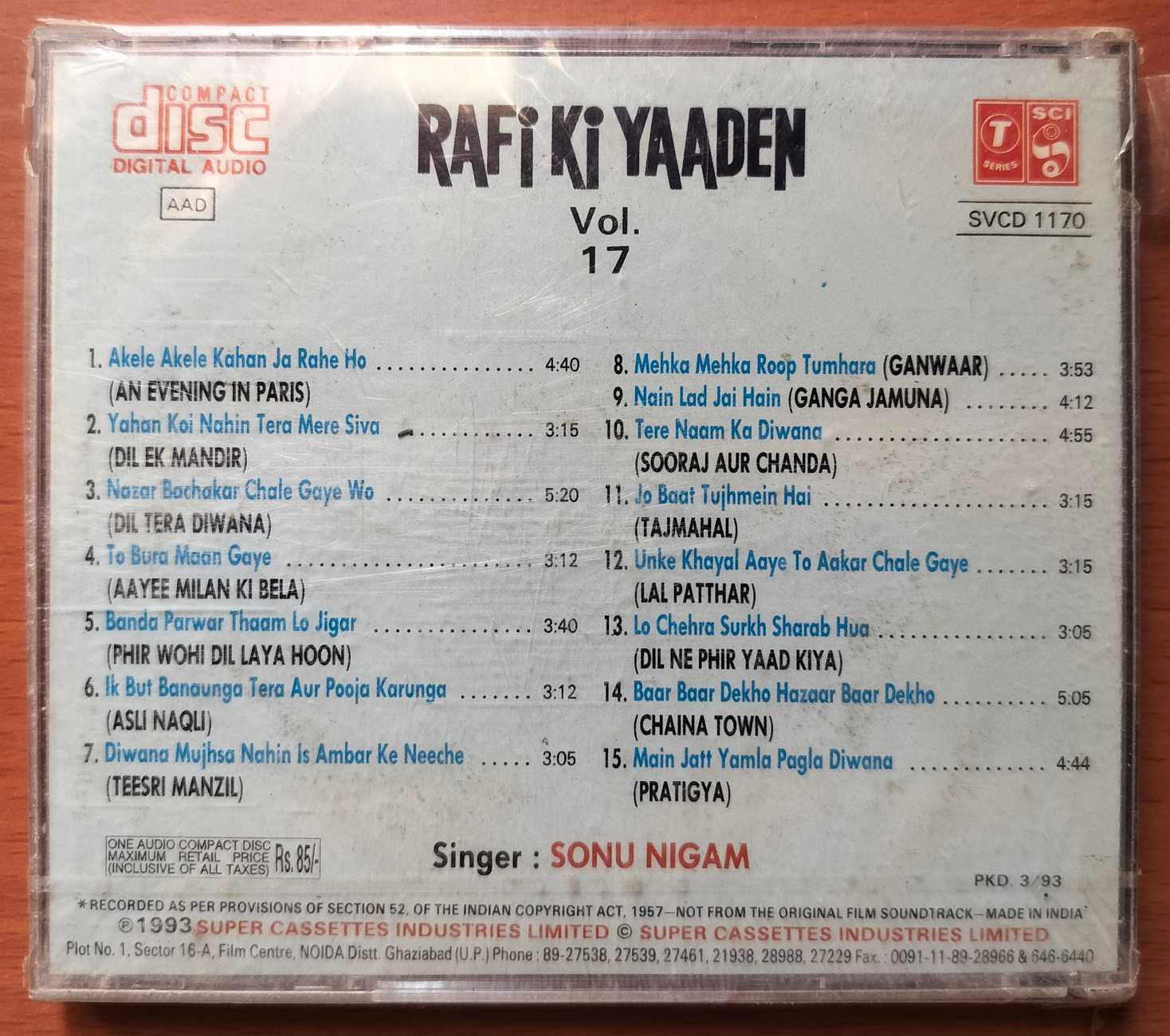 RAFI KI YAADEN VOL . 17 - Sonu Nigam Hindi Film Audio Cd (FACTORY SEALED PACK)) - Image 2